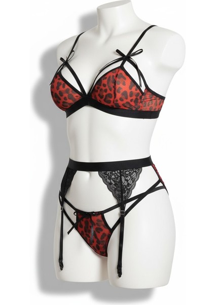 Leopar Desenli Dantelli Çoraplı Tasarım Gecelik Set, Siyah, Ayarlanabilir Askılı, Tül Detaylı