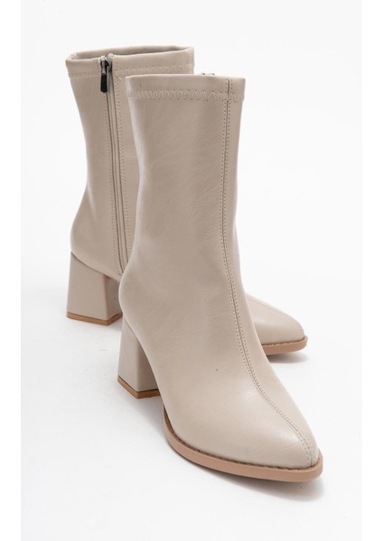 Sade Dikişli Fermuarlı Kadın Topuklu Bot Ten Cilt