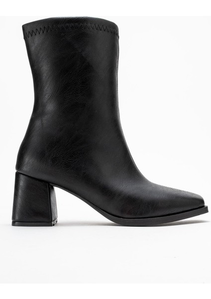 Küt Burunlu Sade Dikişli Fermuarlı Kadın Topuklu Bot Siyah Cilt modelleri