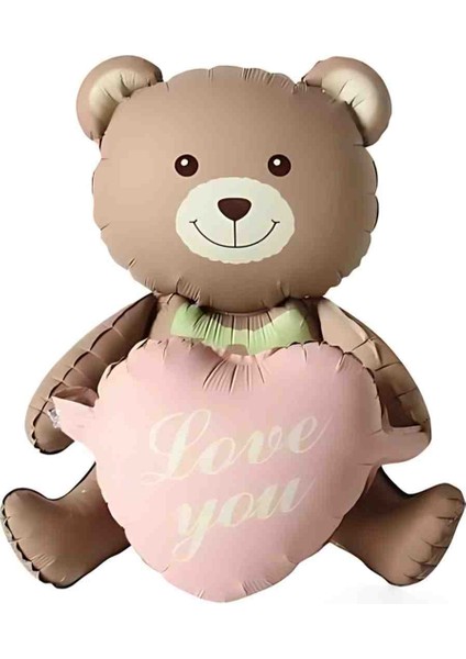 Love You Yazılı Retro Kahverengi-Pembe Kalpli Oturan Ayı Folyo Balon