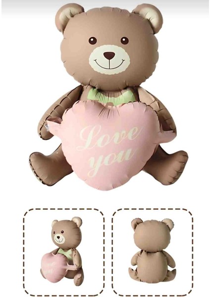 Love You Yazılı Retro Kahverengi-Pembe Kalpli Oturan Ayı Folyo Balon fiyatları