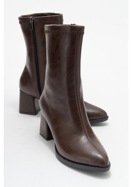 Sade Dikişli Fermuarlı Kadın Topuklu Bot Kahve Cilt