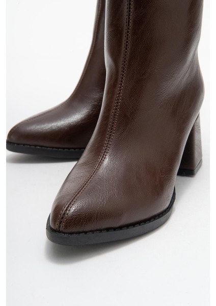 Sade Dikişli Fermuarlı Kadın Topuklu Bot Kahve Cilt modelleri