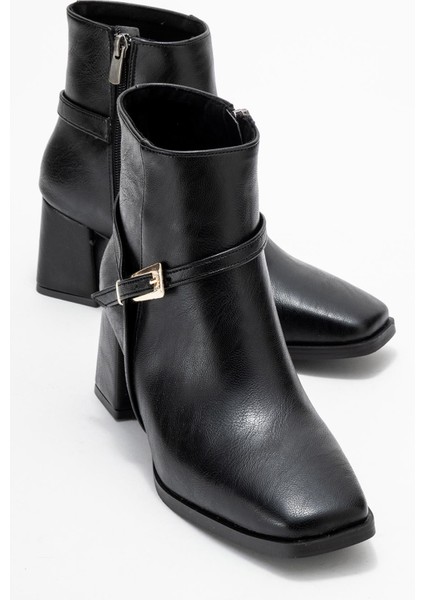 Küt Burunlu Tokalı Kadın Topuklu Bot Siyah Cilt