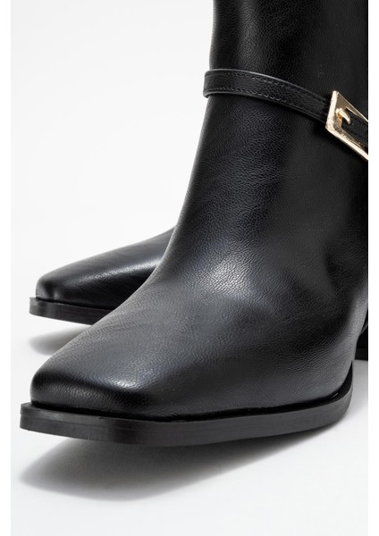 Küt Burunlu Tokalı Kadın Topuklu Bot Siyah Cilt modelleri