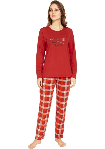 Kadın 08014 % 100 Pamuk Uzun Kol Pijama Takımı Kırmızı