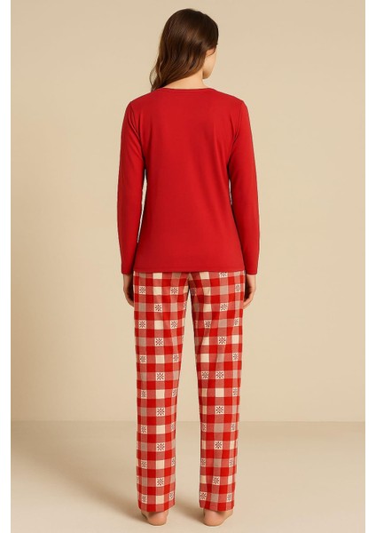 Kadın 08014 % 100 Pamuk Uzun Kol Pijama Takımı Kırmızı fiyatları