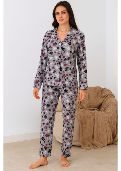 Kadın 02269 Önü Düğmeli Süet Pijama Takımı Gri