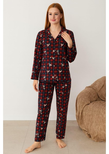 Kadın 02212 Düğmeli % 100 Pamuk Süet Pijama Takımı Bordo