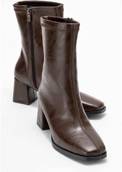 Küt Burunlu Sade Dikişli Fermuarlı Kadın Topuklu Bot KAHVE CİLT
