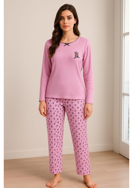 Kadın 06025 Uzun Kol Raporlu Interlok Pijama Takımı Lila