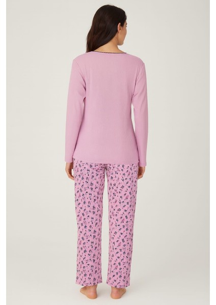 Kadın 06025 Uzun Kol Raporlu Interlok Pijama Takımı Lila fiyatları