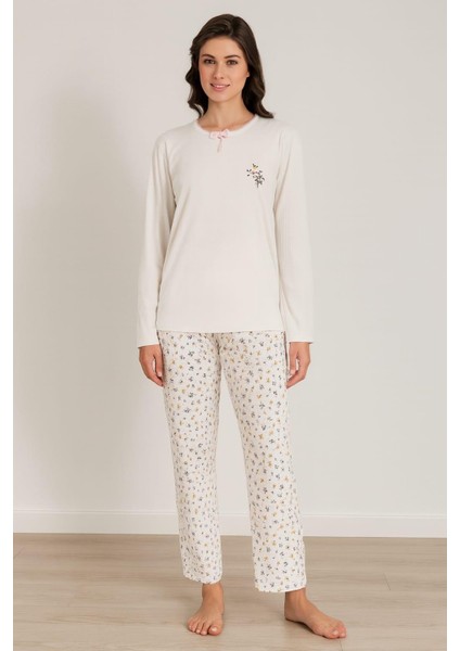 Kadın 06032 Raporlu Interlok Uzun Kol Pijama Takımı Krem