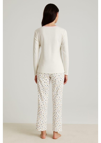 Kadın 06032 Raporlu Interlok Uzun Kol Pijama Takımı Krem fiyatları