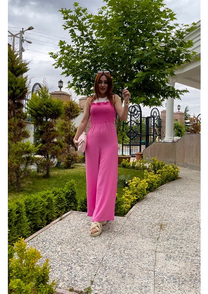 Gipe Detaylı Askılı Salopet Tulum Pembe