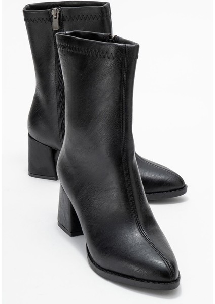 Sade Dikişli Fermuarlı Kadın Topuklu Bot Siyah Cilt