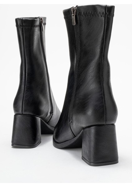 Sade Dikişli Fermuarlı Kadın Topuklu Bot Siyah Cilt fırsatları