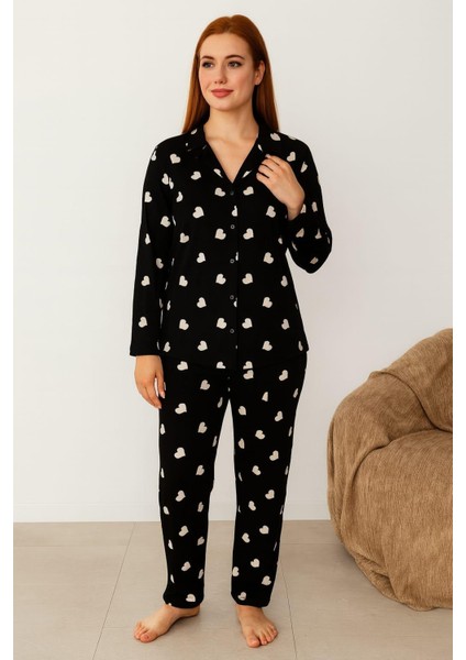 Kadın 02278 Önü Düğmeli Süet Pijama Takımı Siyah