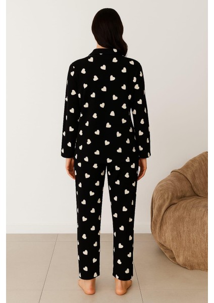 Kadın 02278 Önü Düğmeli Süet Pijama Takımı Siyah fiyatları