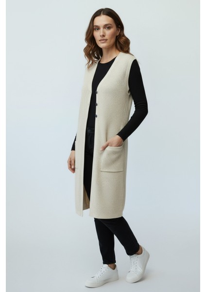 Kadın Önü 3 Düğmeli Üstten Cepli Uzun Yelek fiyatları