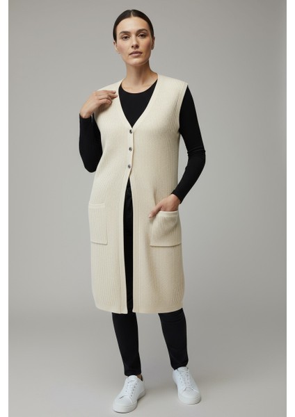 Kadın Önü 3 Düğmeli Üstten Cepli Uzun Yelek modelleri
