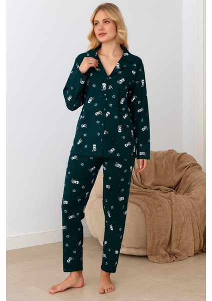 Kadın 02289 Önü Düğmeli Süet Pijama Takımı Yeşil