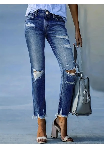 Kadın Dar Kesim Cepli Önden Yırtık Desenli Denim Pantolon fiyatları