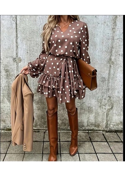 Kadın Uzun Kollu V Yakalı Belden Kuşaklı Puantiyeli Mini Modal Elbise