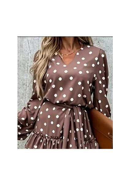 Kadın Uzun Kollu V Yakalı Belden Kuşaklı Puantiyeli Mini Modal Elbise fiyatları