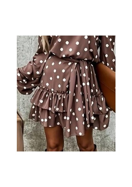 Kadın Uzun Kollu V Yakalı Belden Kuşaklı Puantiyeli Mini Modal Elbise modelleri