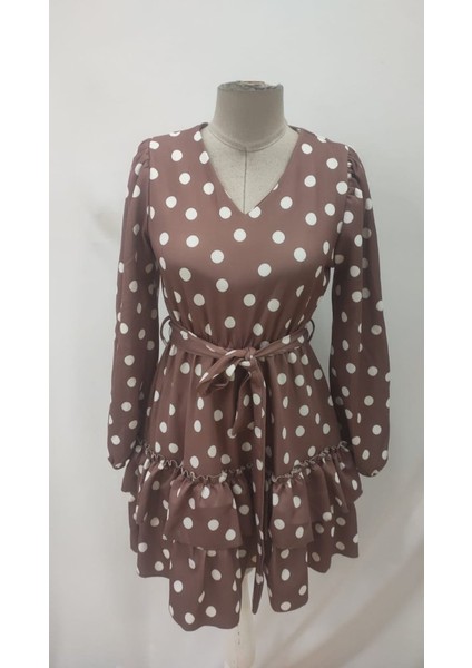 Kadın Uzun Kollu V Yakalı Belden Kuşaklı Puantiyeli Mini Modal Elbise indirimleri