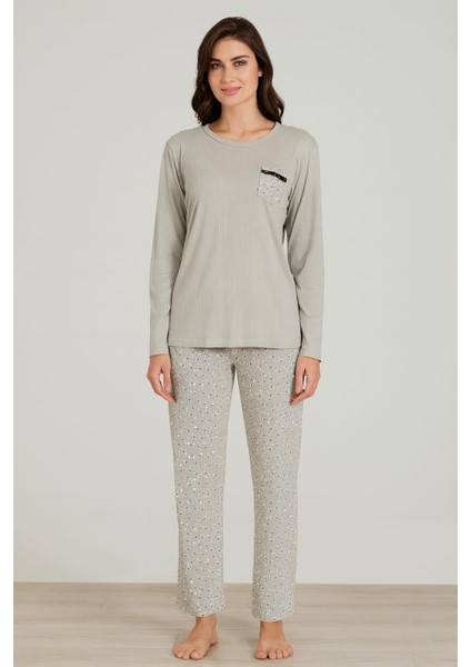 Kadın 06028 Raporlu Interlok Uzun Kol Pijamatakımı Yeşil