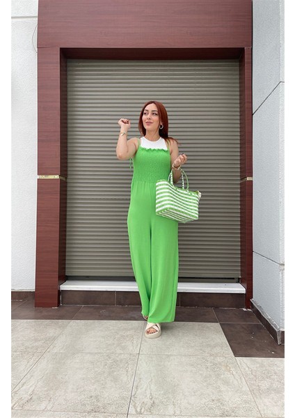 Gipe Detaylı Askılı Salopet Tulum Yeşil