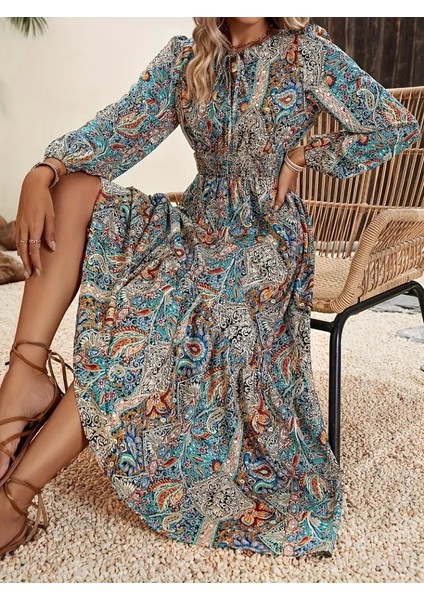 Kadın Uzun Kollu Uakadabağcıklı Beli Lastikli Desenli Uzun Süprem Elbise