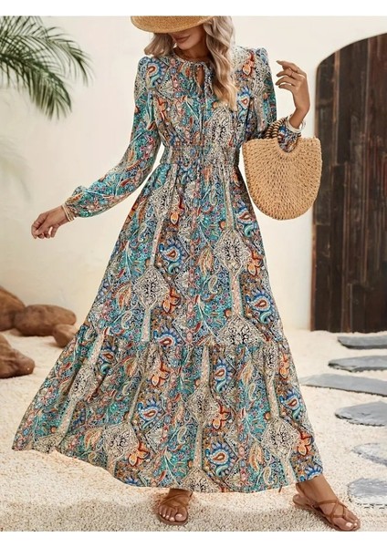Kadın Uzun Kollu Uakadabağcıklı Beli Lastikli Desenli Uzun Süprem Elbise fiyatları