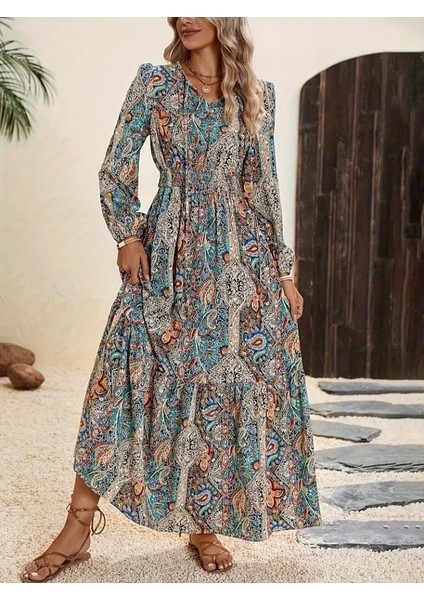 Kadın Uzun Kollu Uakadabağcıklı Beli Lastikli Desenli Uzun Süprem Elbise modelleri