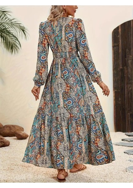 Kadın Uzun Kollu Uakadabağcıklı Beli Lastikli Desenli Uzun Süprem Elbise indirimleri