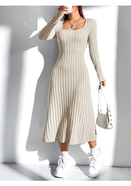 Kadın Uzun Kollu Kare Yaka Midi Kaşkorse Elbise fiyatları