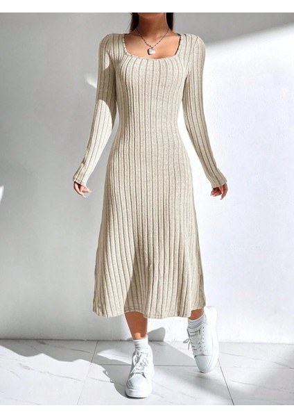 Kadın Uzun Kollu Kare Yaka Midi Kaşkorse Elbise modelleri