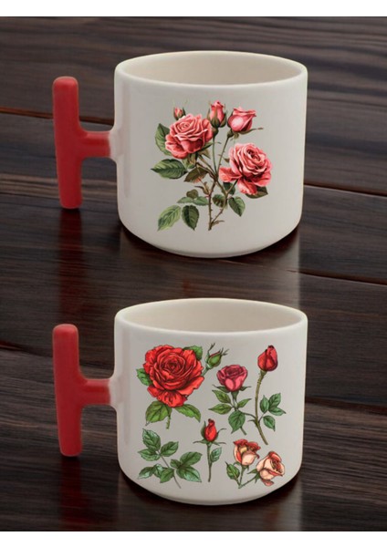 Gül Teması Baskılı 2'li Latte Bardağı Seramik Kupa - Seramik Çay, Kahve Hediyelik Bardağı