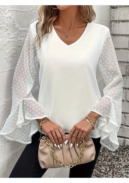 Kadın Uzun Kollu V Yakalı Kolları Ispanyol Detayı Sandy Bluz fiyatları