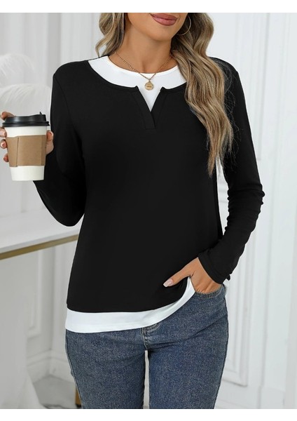 Kadın Uzun Kollu V Yakalı Çift Renkli Viskon Iki Iplik Bluz modelleri