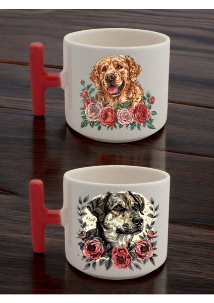 Gül Köpek Baskılı 2'li Latte Bardağı Seramik Kupa - Seramik Çay, Kahve Hediyelik Bardağı
