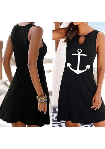 Kadın Kolsuz Halka Detay Çıpa Baskılı Viskon Elbise modelleri