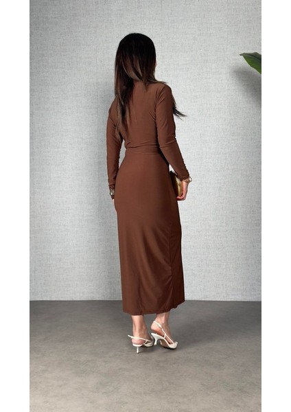 Kadın Balıkçı Yaka Toka Detay Sandy Kumaş Midi Boy Elbise fiyatları