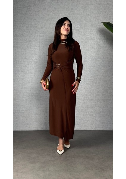 Kadın Balıkçı Yaka Toka Detay Sandy Kumaş Midi Boy Elbise indirimleri