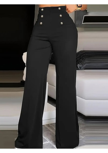 Kadın Yüksek Bel Önden Düğmeli Uzun Paçaya Doğru Geniş Ithal Krep Pantolon
