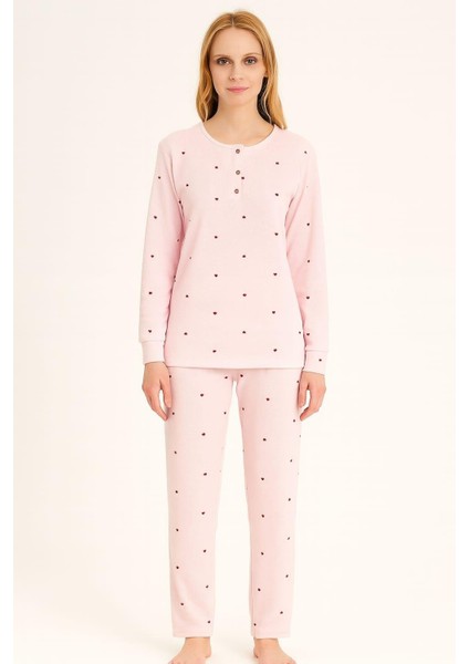 Kadın 70920 Uzun Kol Likralı Waffle Pijama Takımı Pembe