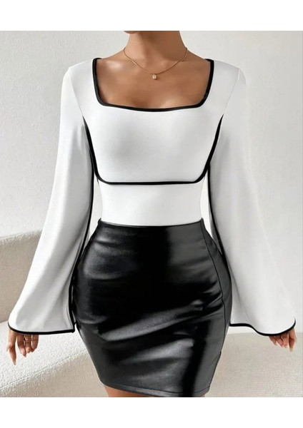 Kadın U Yaka Siyah Şerit Detyalı Yarasa Kol Dalgıç Kumaş Arabiyeli Bluz fiyatları