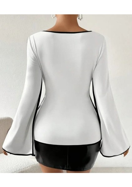 Kadın U Yaka Siyah Şerit Detyalı Yarasa Kol Dalgıç Kumaş Arabiyeli Bluz modelleri